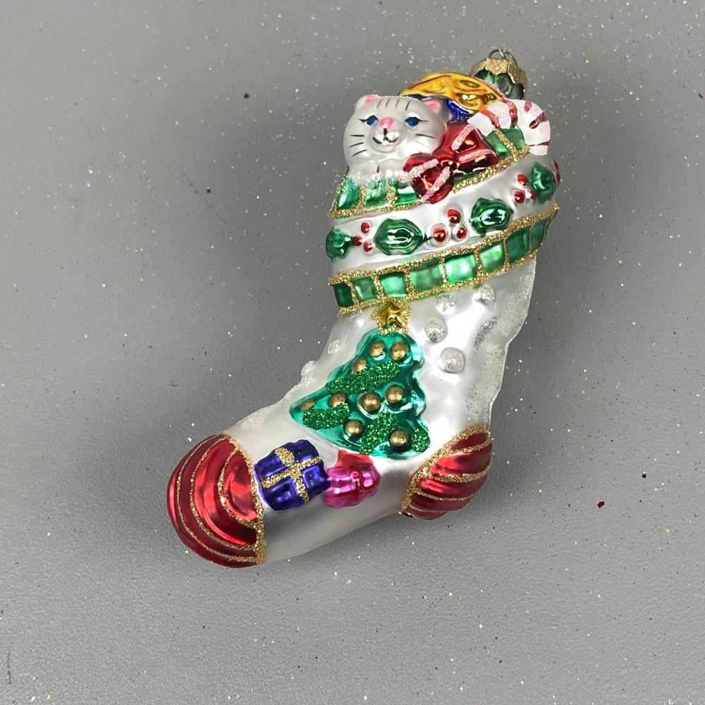 Old World Christmas Glass Holiday Ornaments Flying Reindeer & Cat In Stocking